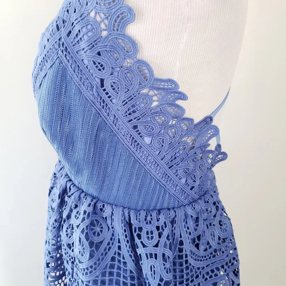 NEW self-portrait Lace Peplum Dress Blue Plunging Neck Revolve Women 2 - Picture 6 of 15